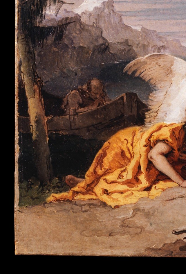 A figure in warm ochre-gold drapery prostrates in adoration , an unusual compositional anchor at the very base of the painting that grounds the sacred group; a hidden detail many viewers miss at first glance.