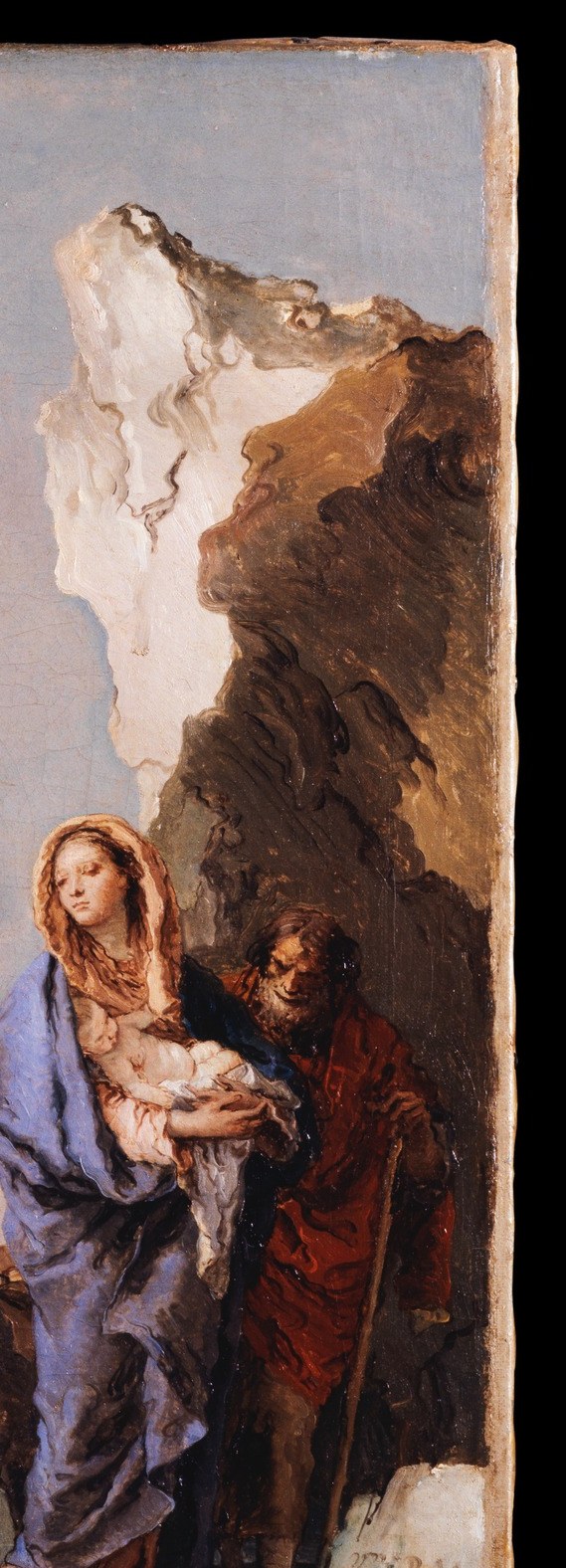 Tiepolo renders this geological mass with broad, almost gestural strokes , the palette is cooler and more monochrome here, very unlike his Venetian ceilings; it evokes the Alps rather than Egypt.