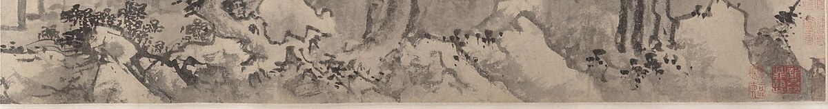 A nearly blank band of pale ink along the bottom suggests an expanse of ice or snow , the silence of a frozen river or field rendered through deliberate absence of mark.