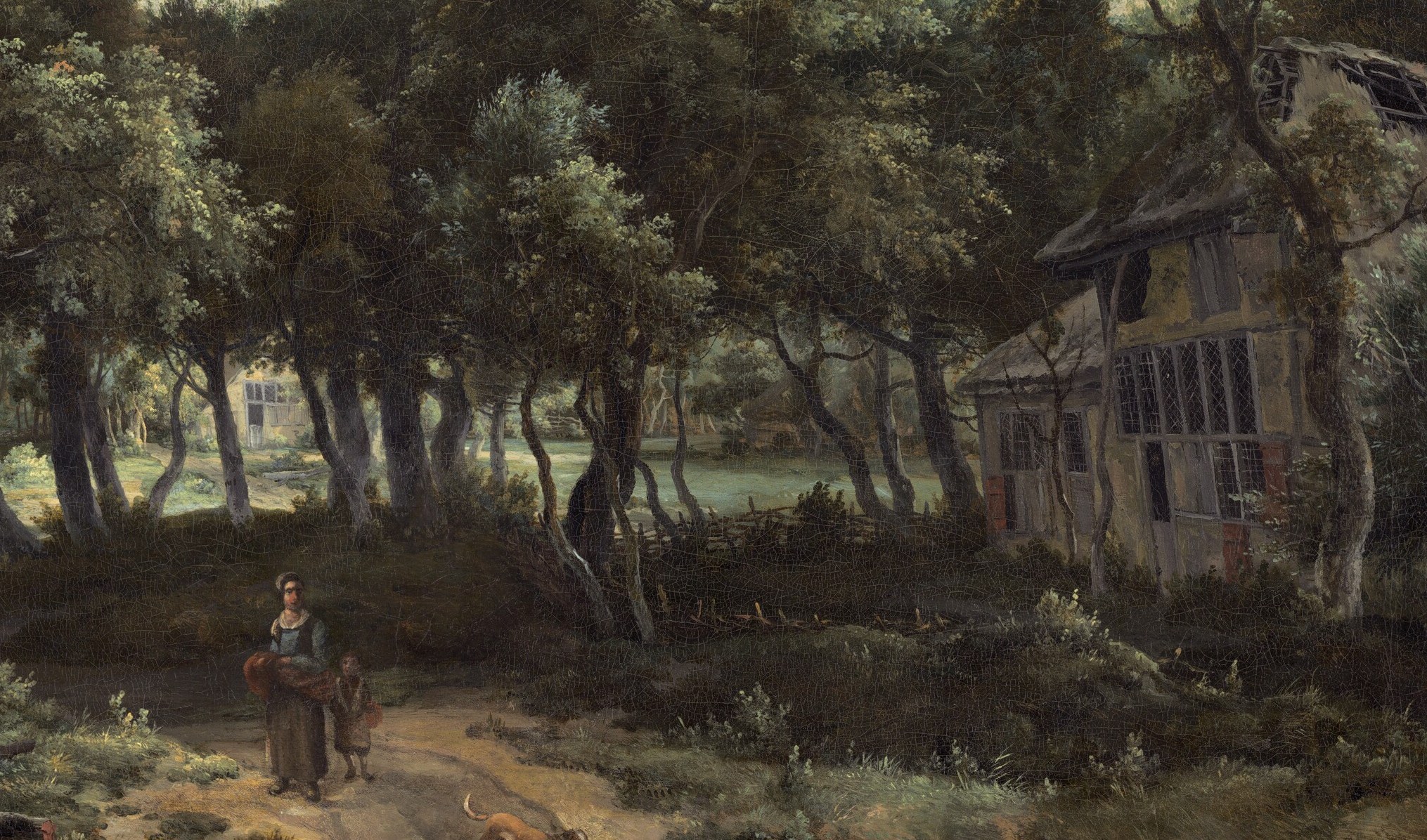 Dappled sunlight filters through dense foliage, a Hobbema trademark.