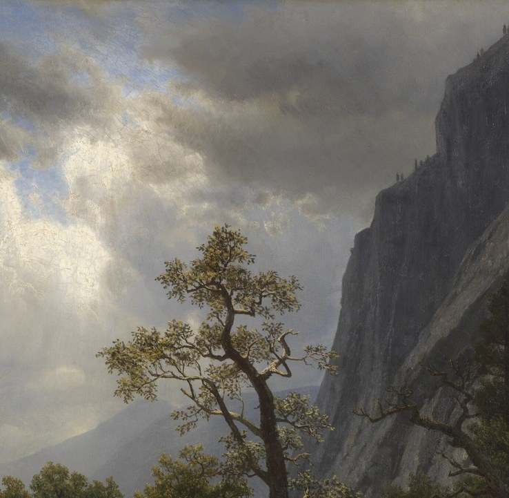 The painting's nominal subject , a sheer granite wall dwarfing everything below; its scale only registers once the tiny figures are noticed.