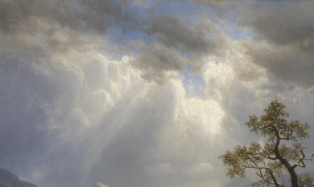 Bierstadt's signature luminist coup , concentrated heavenly light floods the valley floor, the theological heart of the composition.