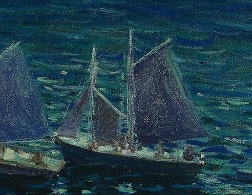 Its dark sails contrast with the lighter sky and water, suggesting a strong presence.