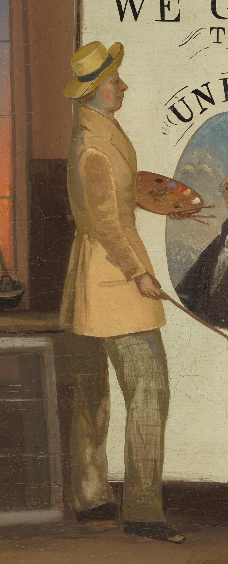 A painter considers the message, palette in hand.