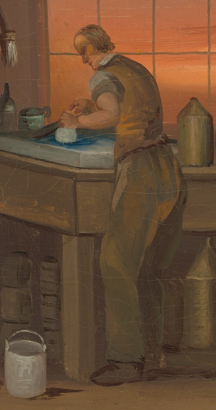 Depicts domestic or workshop labor, grounding the political message in daily life.