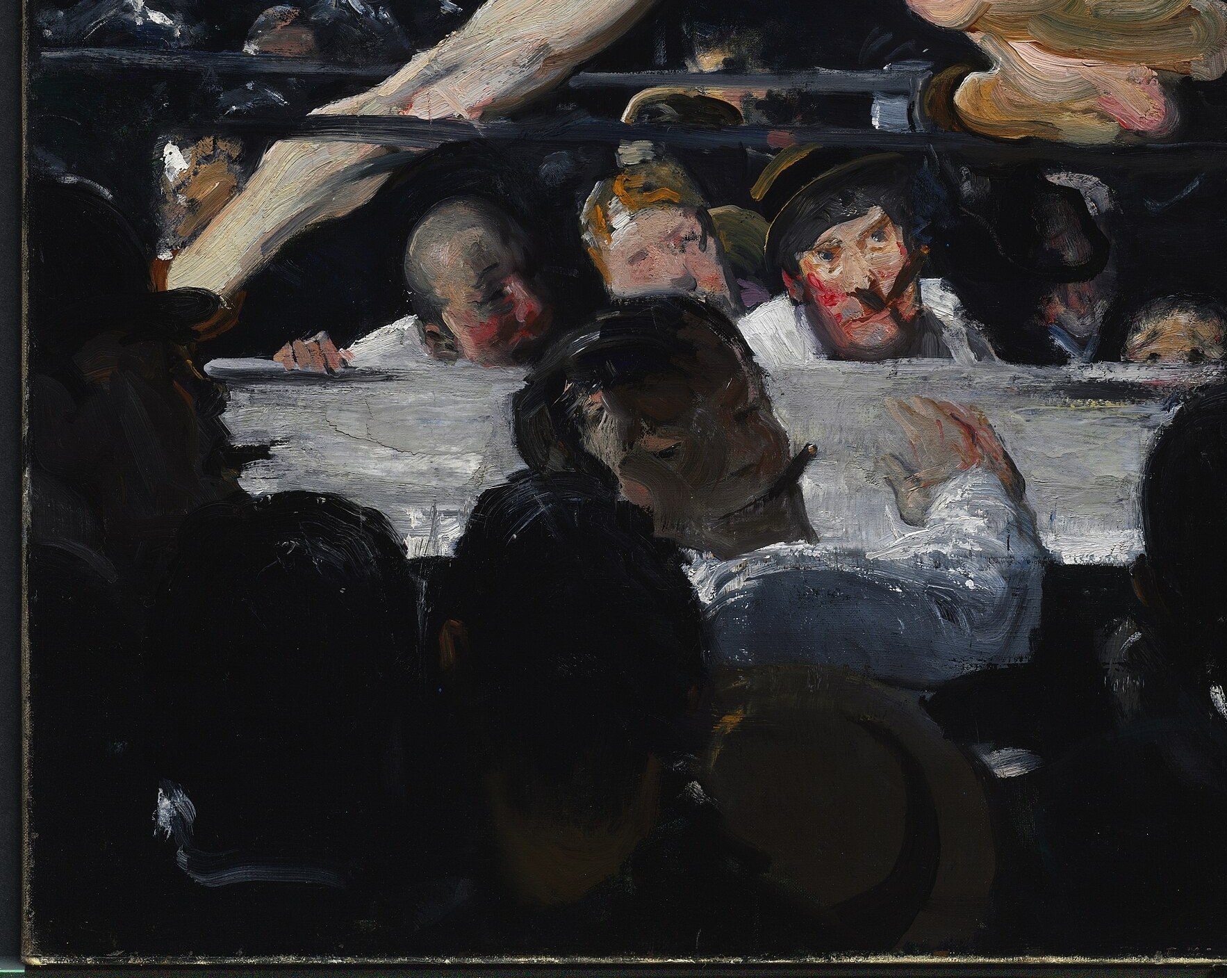 Rows of men in jackets and hats , their upturned faces rendered in quick, summary brushwork that pulses with collective excitement.