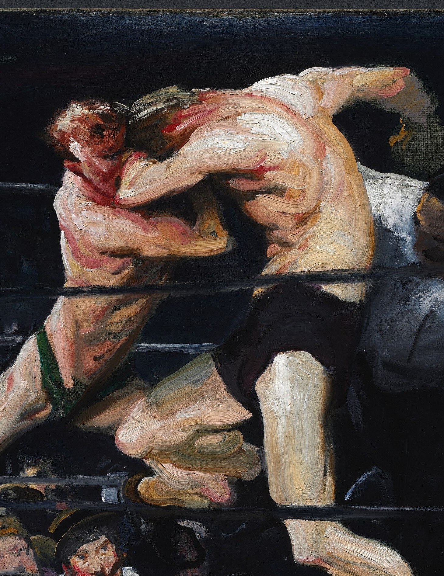 The dominant figure; his twisting torso and cocked fist concentrate the painting's kinetic force , every muscle caught mid-explosion.