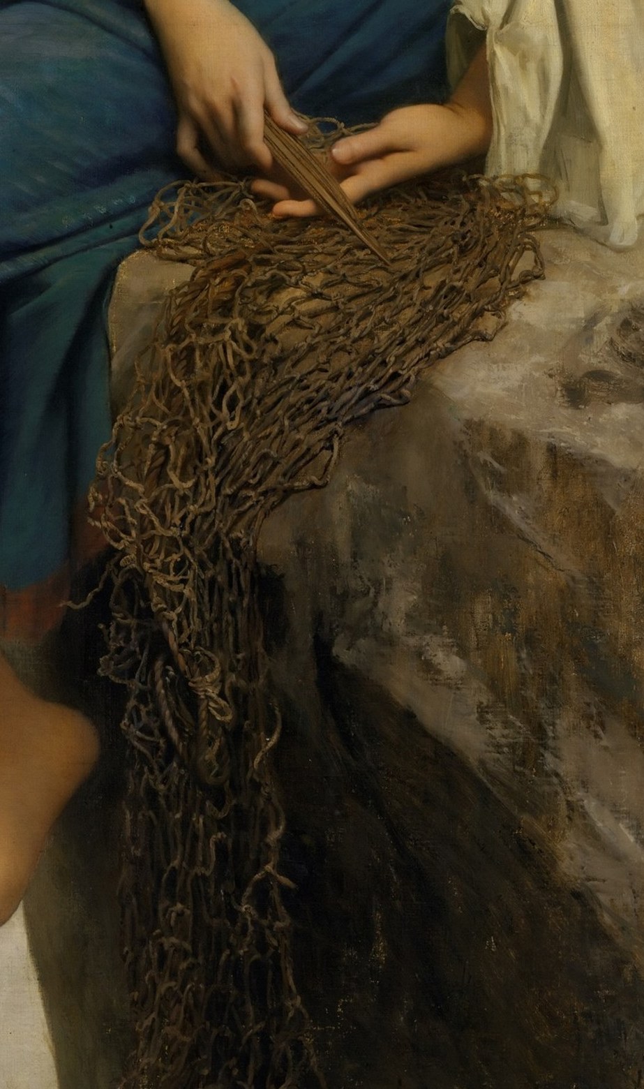 The intricate texture and weight of the net suggest her livelihood and the labor associated with the sea.