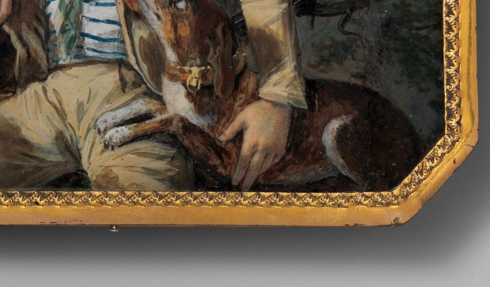 The dog at rest mirrors the hunter's repose, reinforcing the theme of pause between hunts; a tonal warm anchor in the lower composition