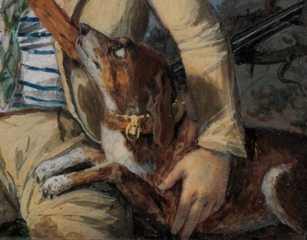 The dog looks toward its master, completing a silent emotional exchange that anchors the whole composition