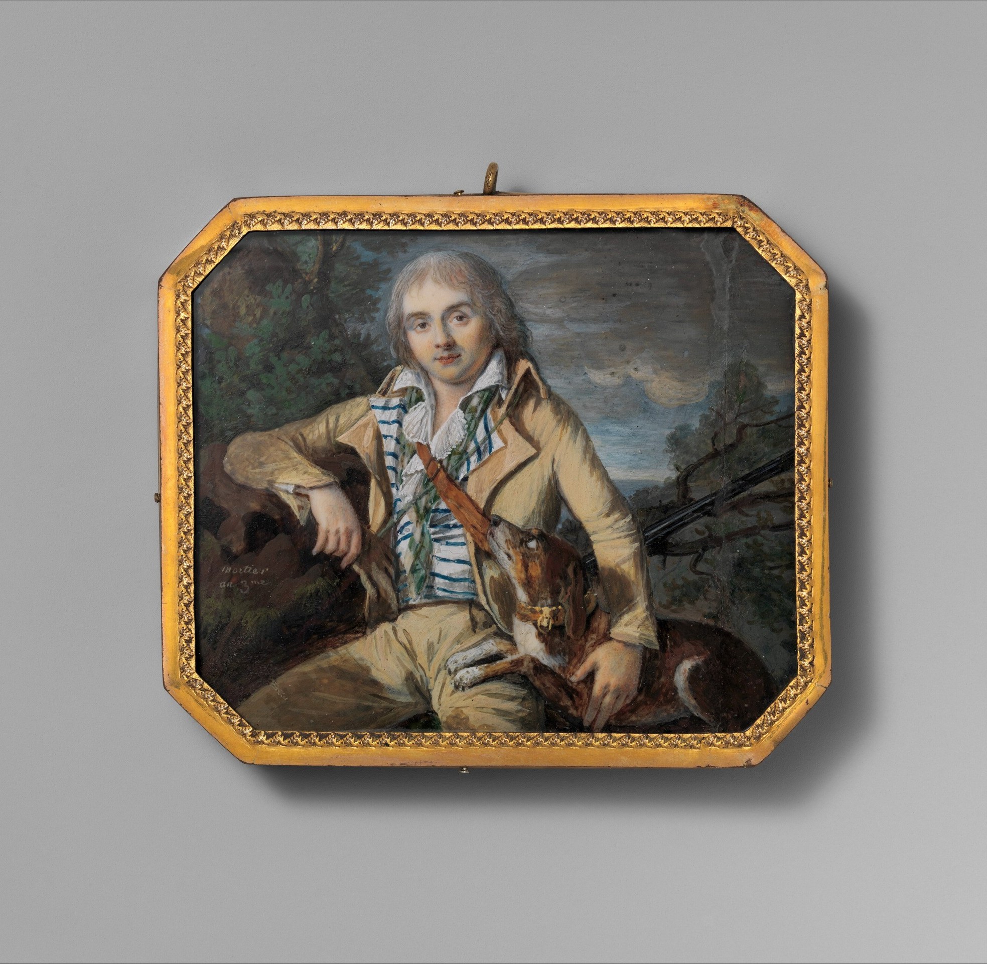The chamfered octagon format is a signature of late-18th-century portrait miniatures meant for a pocket or locket , the shape itself is a period artifact