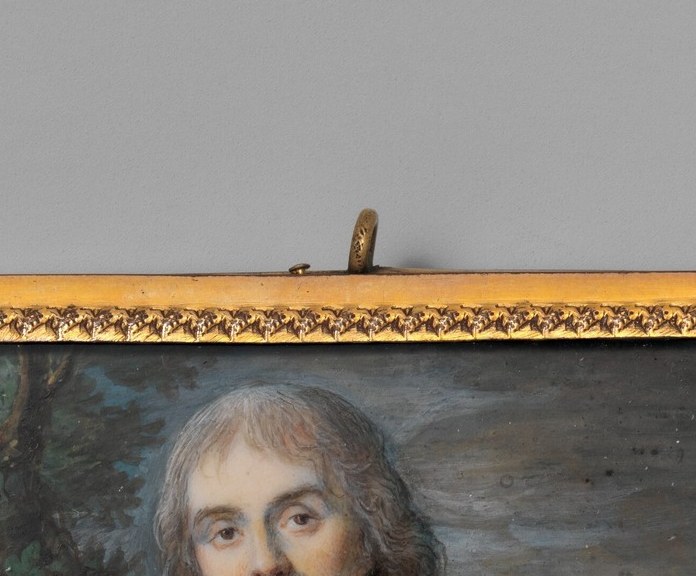 Pale, refined features framed by period-appropriate white powdered hair; the expression is calm and self-assured , a portrait within a genre scene