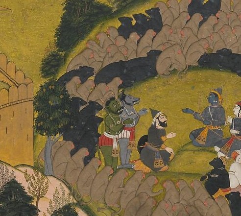Beneath the gold, a chase. A rider bears down on fleeing figures.