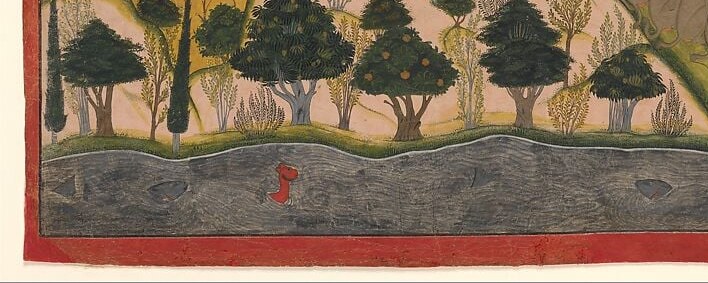 The painter gave every form its own sharp outline in gold ink.