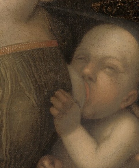 The infant's chubby cheeks and soft gaze directed toward his mother establish the reciprocal bond , his face is the counter-pole to Mary's downward look.