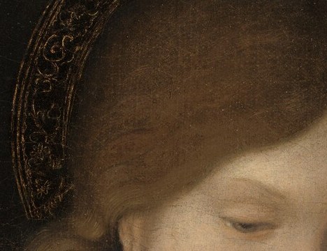 The lowered lids render her simultaneously present and inward; close-up reveals delicate glazed rendering that distinguishes this from Mantegna's harder line.
