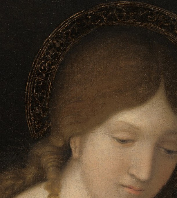 The slight downward tilt and half-lidded gaze create a mood of tender absorption , her expression is the emotional fulcrum of the entire composition.