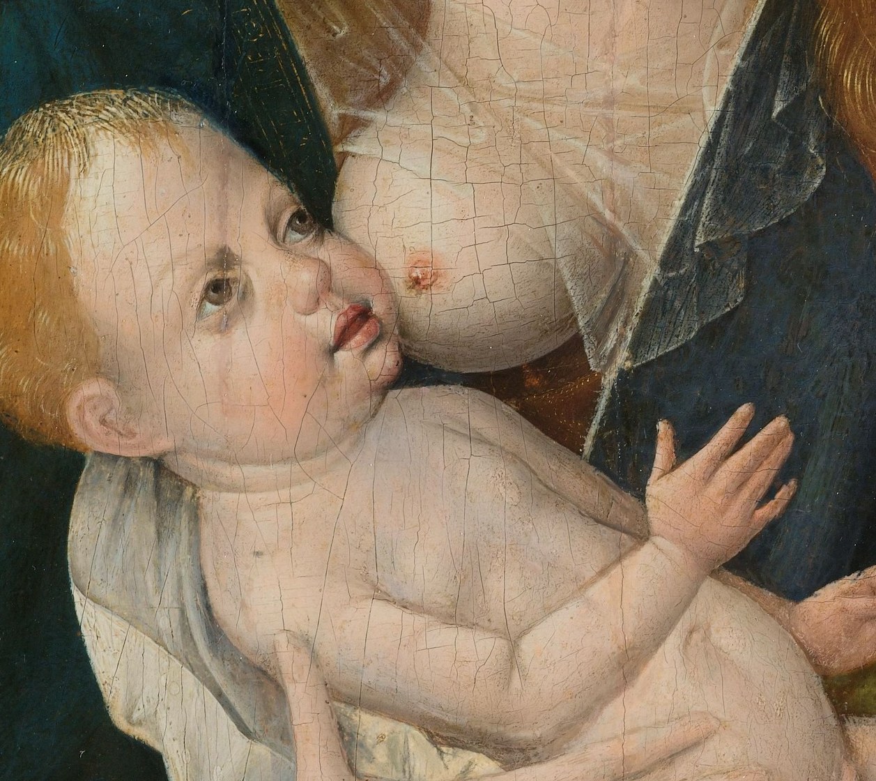 The infant's gaze directed upward toward Mary creates a reciprocal circuit of attention, humanizing the divine relationship.