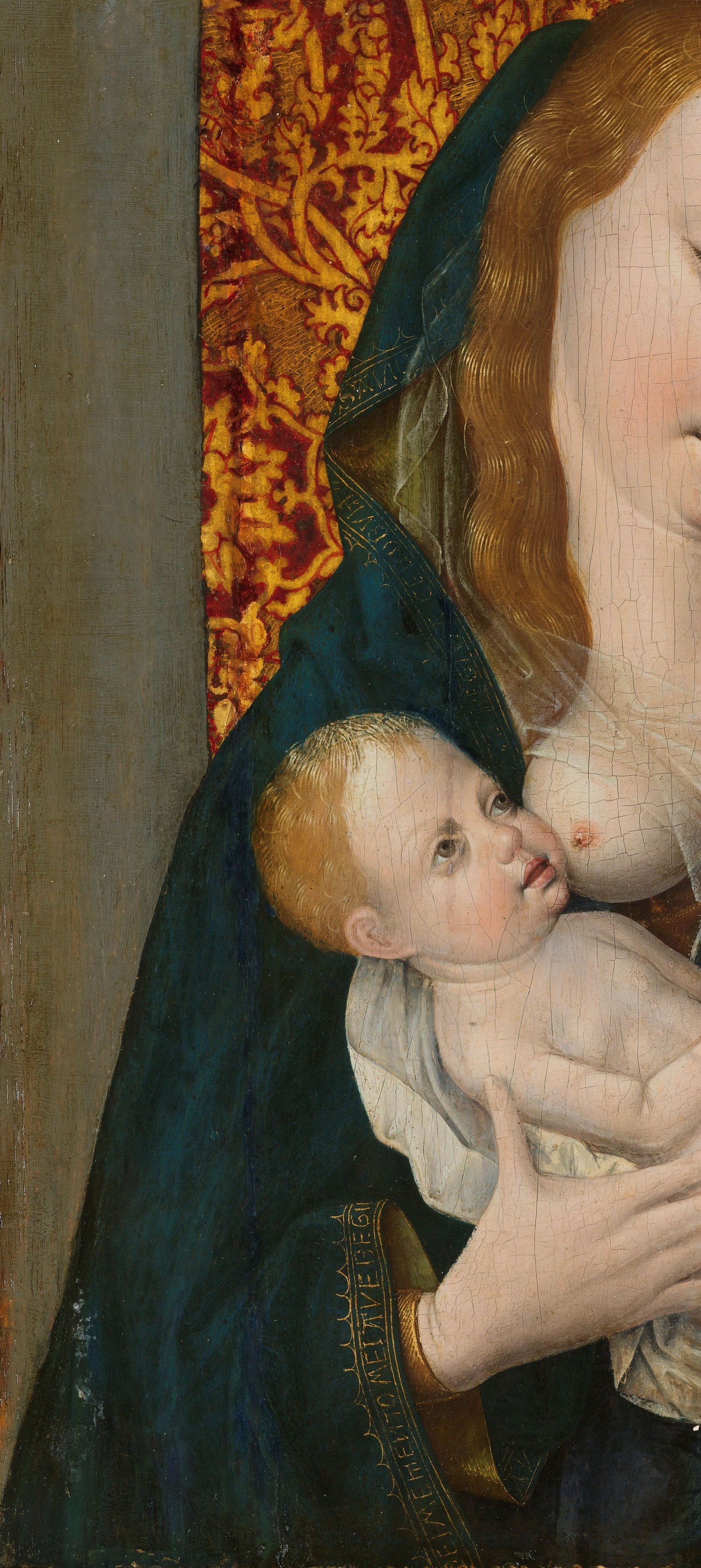 The saturated ultramarine (costly lapis lazuli) signals Mary's regal and divine status; the crisp folds show the painter's command of drapery in oil.