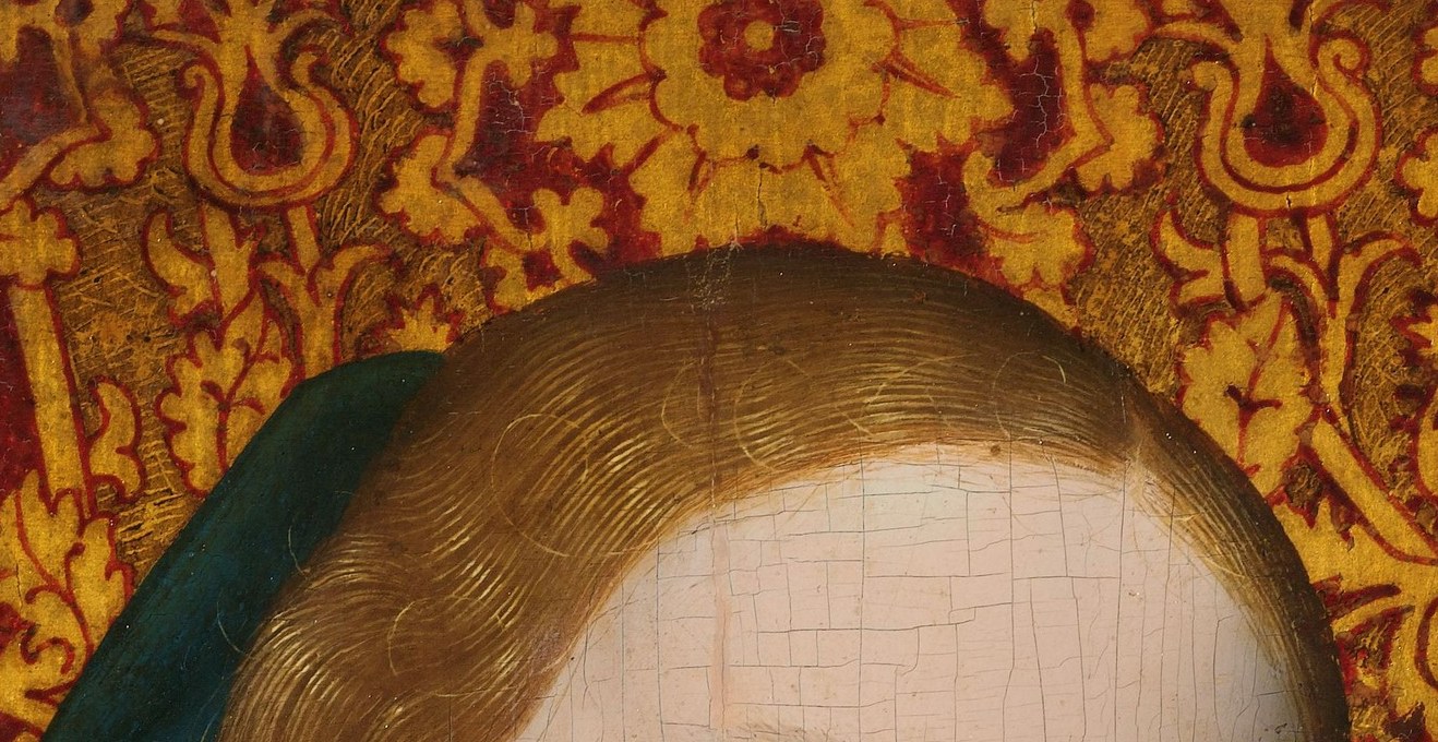 The eyes never meet the viewer; their downward direction creates an inward, contemplative mood that anchors the painting's emotional register.
