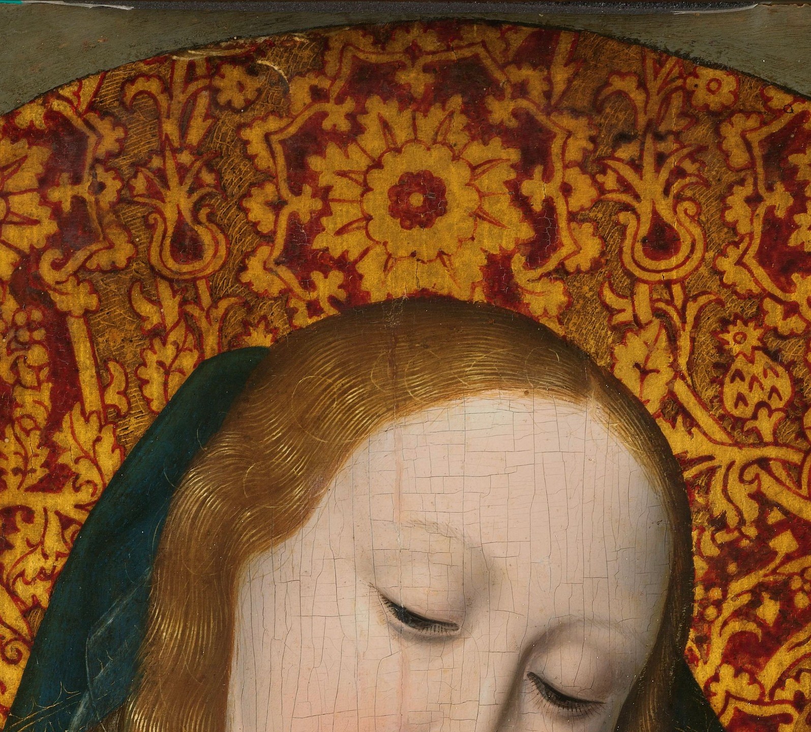 The serene, downward gaze communicates total absorption in the child , a masterclass in conveying maternal tenderness through subtle lid angle and soft shadow under the chin.