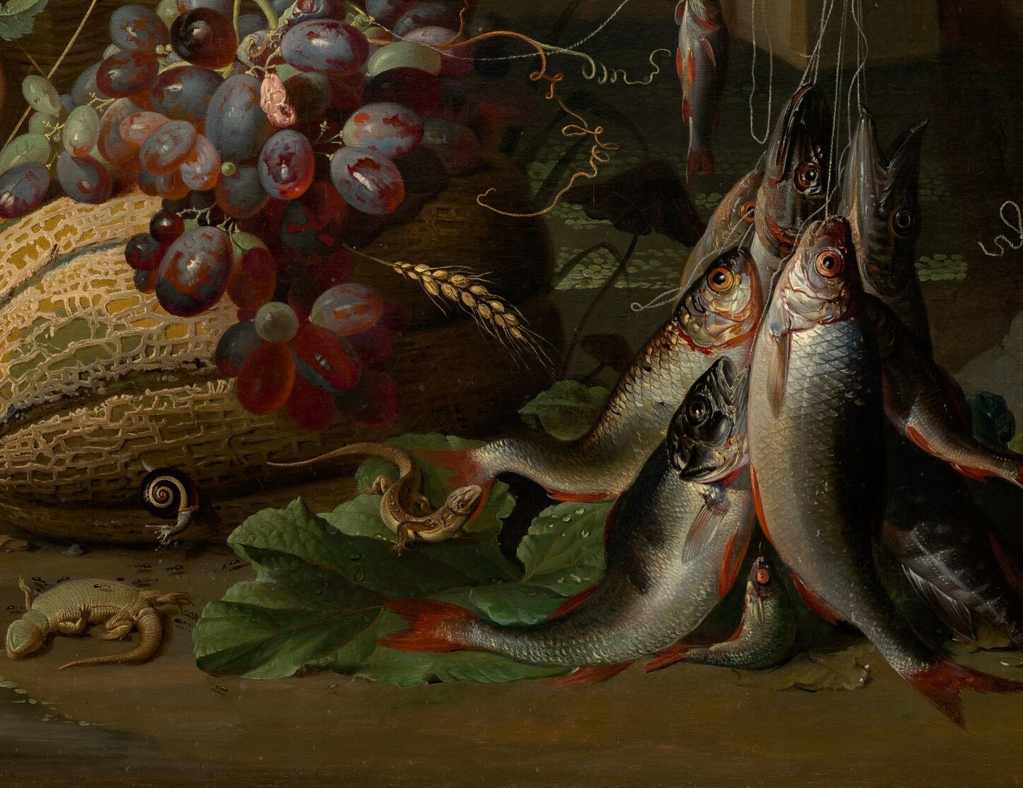 The most unusual element in a fruit still life , fish signal the ephemeral (they spoil fast) and may reference the Five Loaves and Two Fishes, adding biblical resonance.