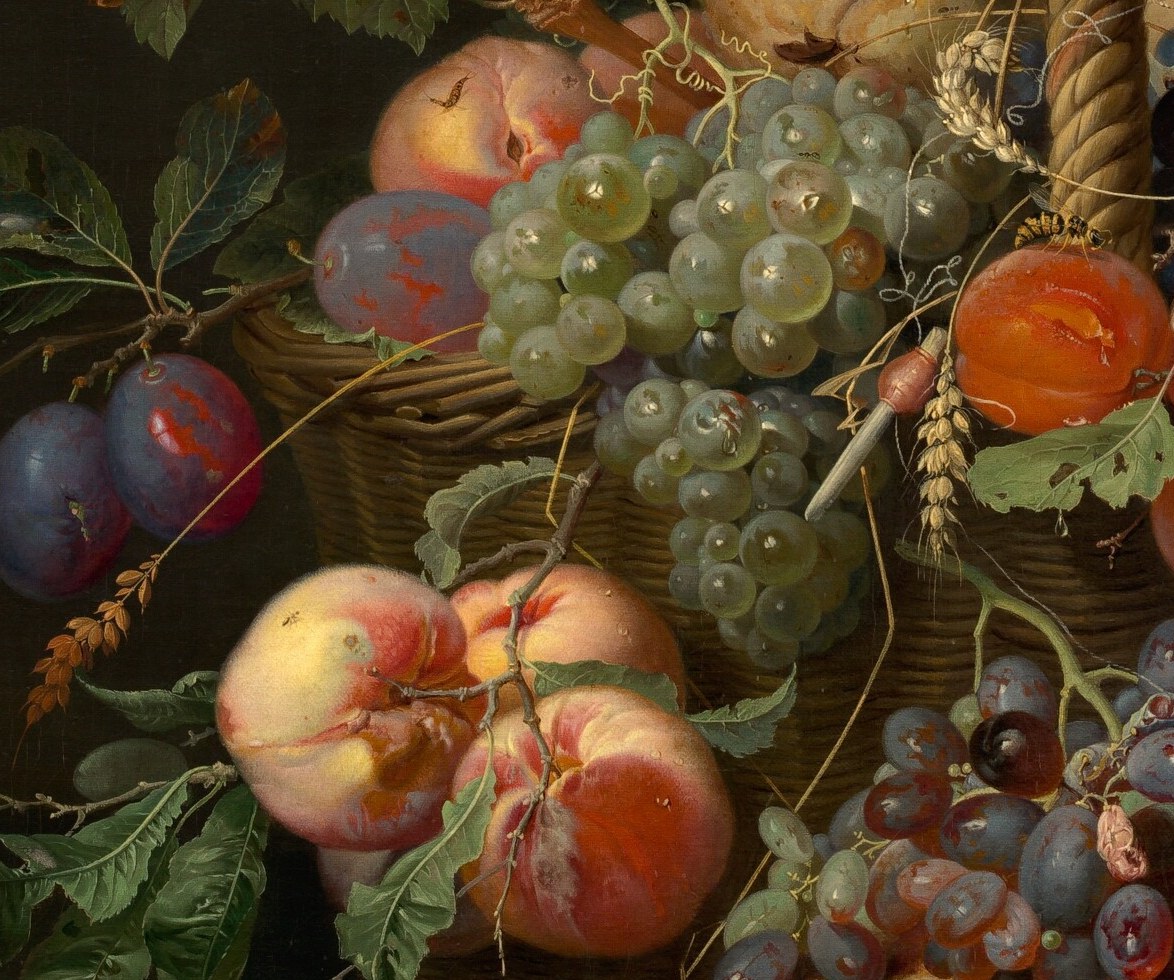 Look at the peaches, the plums, the grapes.
