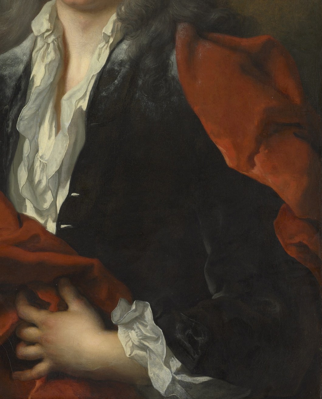 The vibrant red drapery emphasizes his aristocratic position.