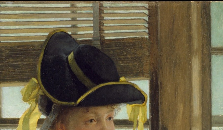 The vivid yellow ribbons against the black hat are the painting's boldest color accent, drawing the eye immediately and hinting at fashionable London society circa 1872