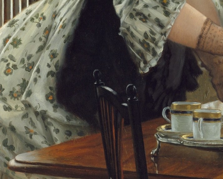 The lace mitts are a Victorian status marker; the hands' still, suspended quality, neither pouring nor withdrawing, underscores the frozen emotional moment