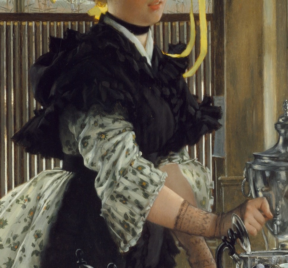 Tissot's signature technical achievement: the precise rendering of the flocked velvet pattern against delicate white lace shows his mastery of textile differentiation in paint