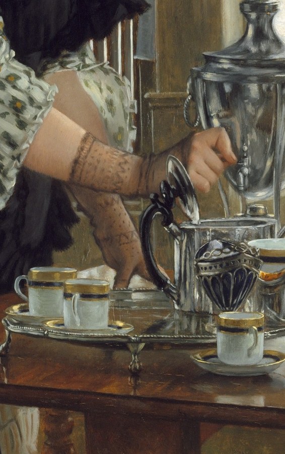 The urn's reflective surface mirrors distorted shapes of the room and window, a virtuoso metallic painting passage and a social signifier of upper-middle-class London domesticity