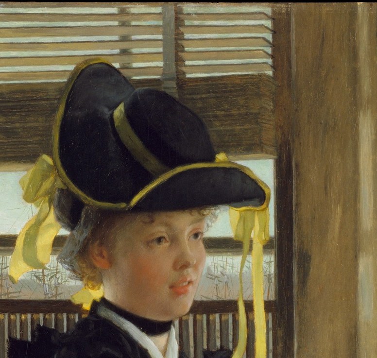 Her expression, slightly downturned gaze, lips parted, carries the emotional weight of the narrative: she has just received news of the captain's departure, readable in a single glance