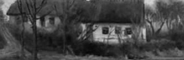 Farmhouses with thatched roofs dot the background, hinting at rural life.