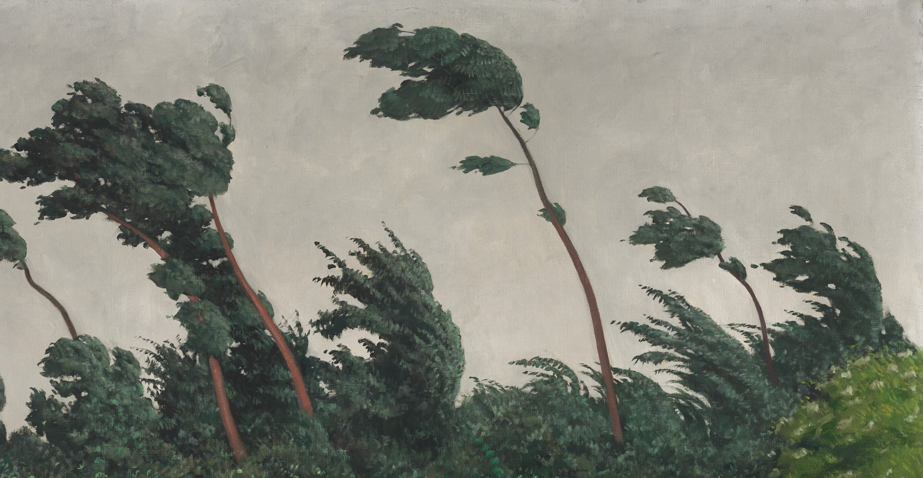 Vallotton treats all foliage as a single flat mass pushed into a unified diagonal , his Nabi-influenced suppression of detail makes wind itself legible as shape