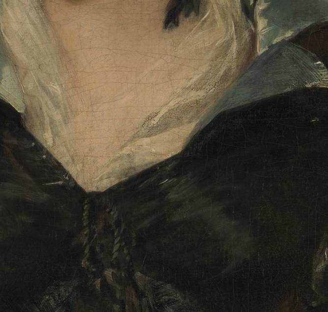 She wears a dark dress, formal for 1818 in Regency Britain.