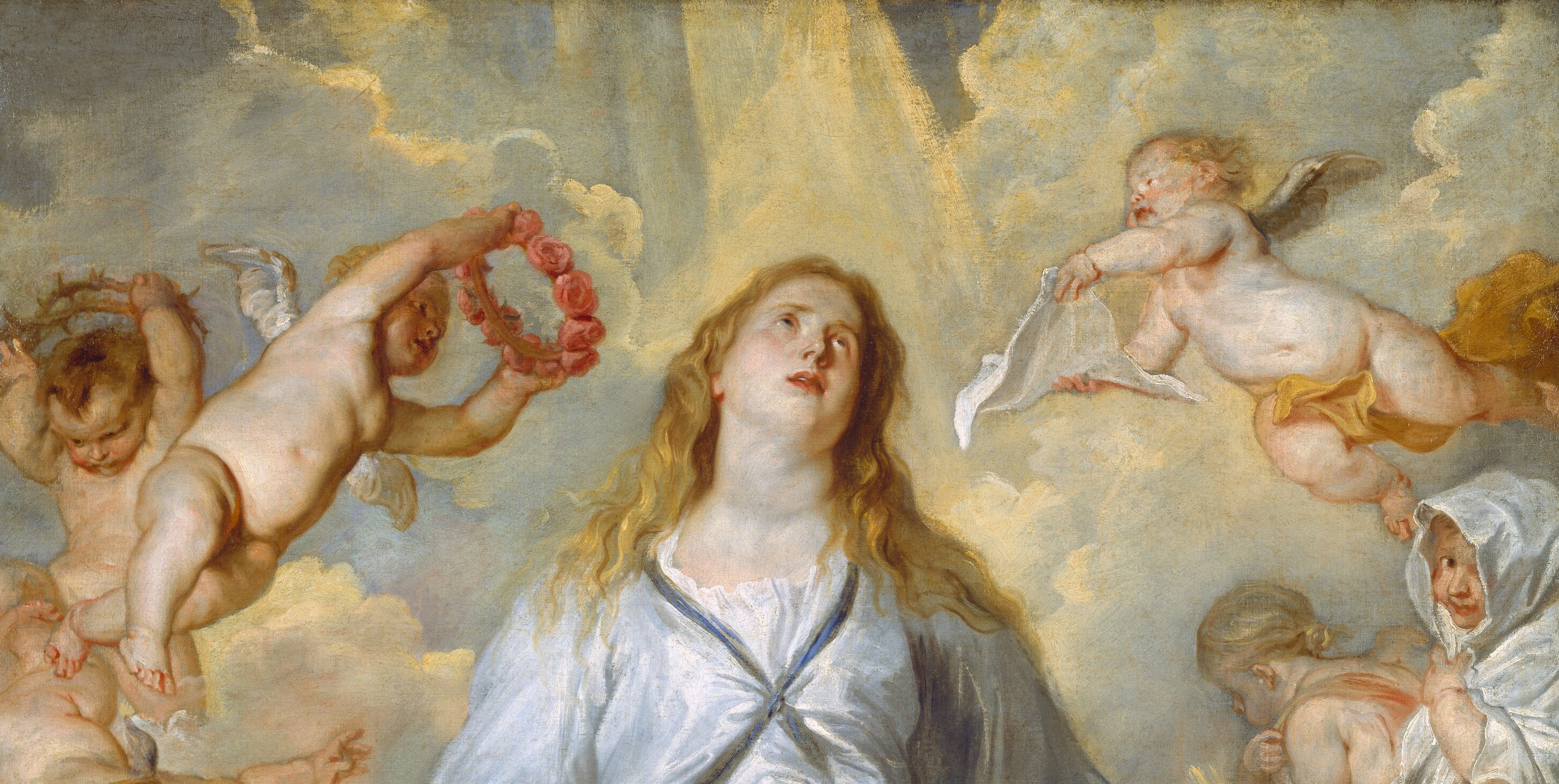 Van Dyck floods the upper field with warm golden-white light that dissolves the background, making the Virgin appear to emerge from divinity rather than stand before it , a technical tour de force in graduated tonal blending