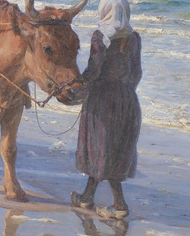 A woman guides an ox and cart.