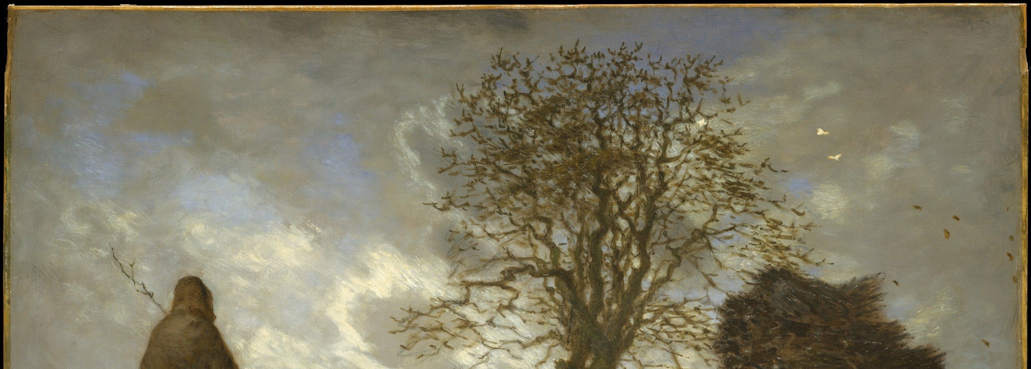 Millet uses the sky as the painting's primary light source; a warm break in grey clouds over the center creates the luminous glow that bathes the middle distance , the real atmospheric achievement of the work.
