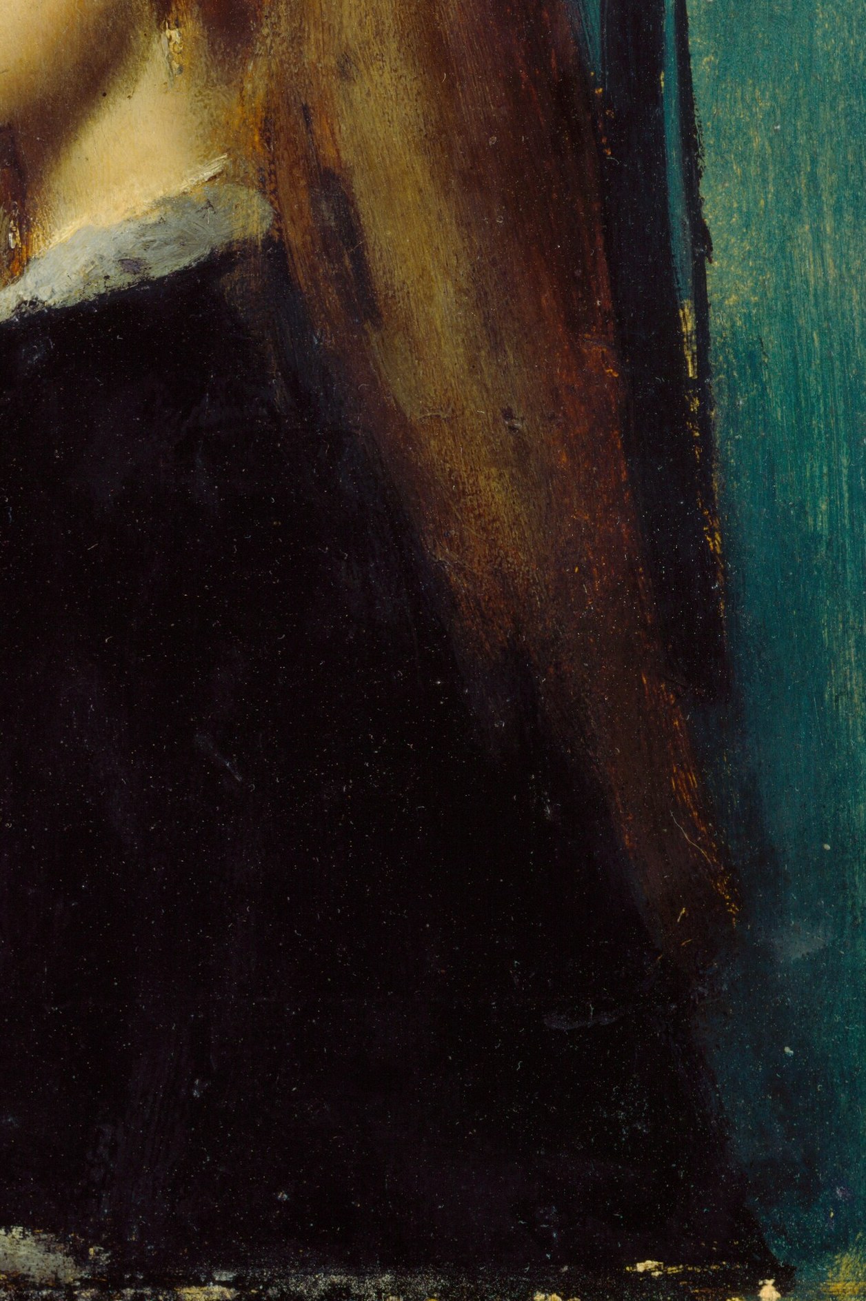 The dark fabric of her jacket, with its soft texture, grounds the figure and emphasizes her pale skin and hair.