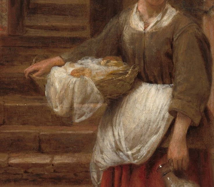 A woman carries a basket of bread, a symbol of sustenance.