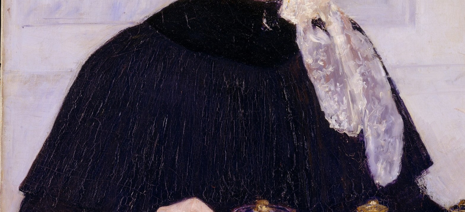 Cassatt uses the flat dark mass almost like a Japanese woodblock silhouette, a technical trick that modernizes the portrait format