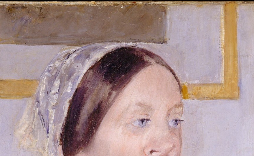 Delicate lace rendered against a dark background reveals Cassatt's technical command of transparency and textile texture