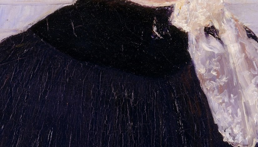 The pale collar bridges the dark dress and lighter face, functioning both compositionally and as a mark of bourgeois propriety