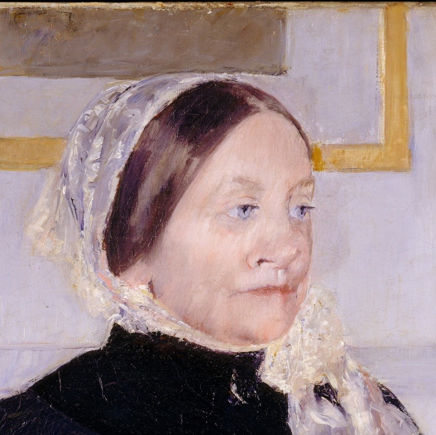 The central emotional anchor , her calm, slightly downward gaze and closed lips convey quiet self-possession, a Cassatt hallmark