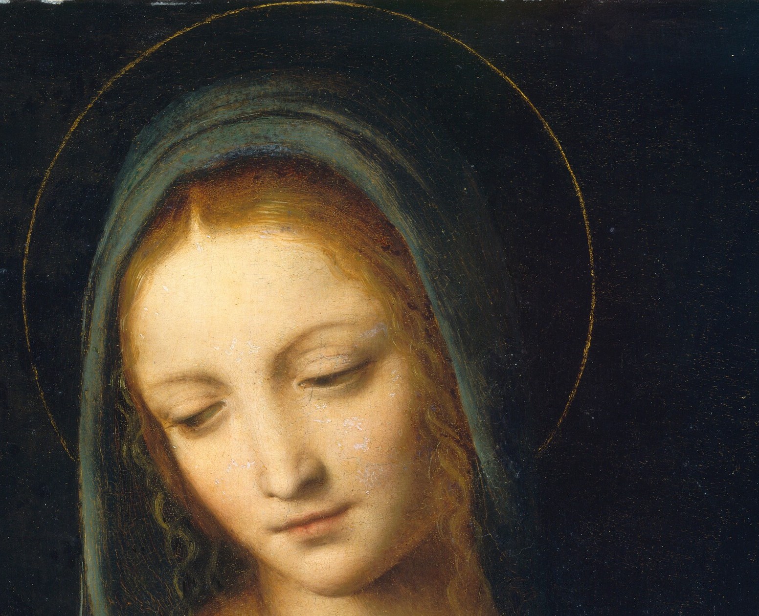 Her gaze angles softly downward toward the Child, radiating serene maternal devotion , the compositional emotional anchor of the painting