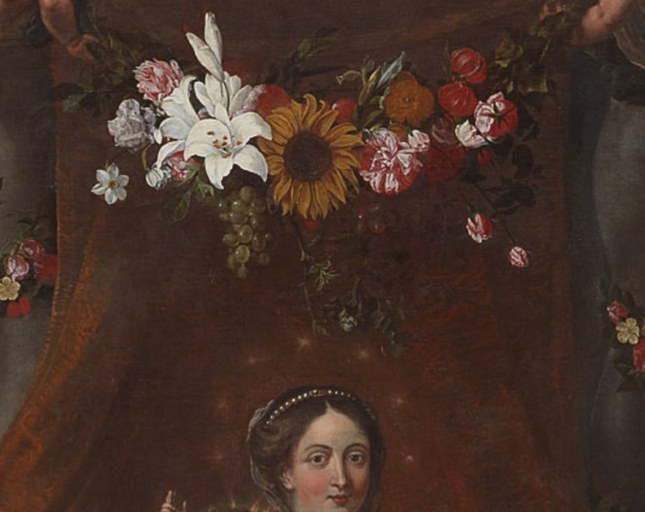 Around them, a lavish garland symbolizes abundance and life.