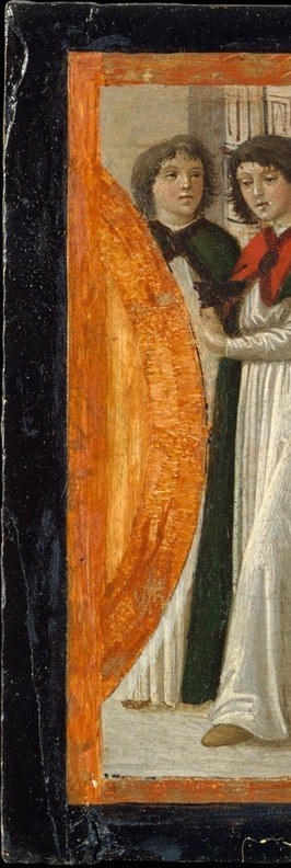 Warm yellow fabric creates a theatrical 'curtain-pull' framing device, visually bracketing the procession and recalling Florentine civic pageantry staging.