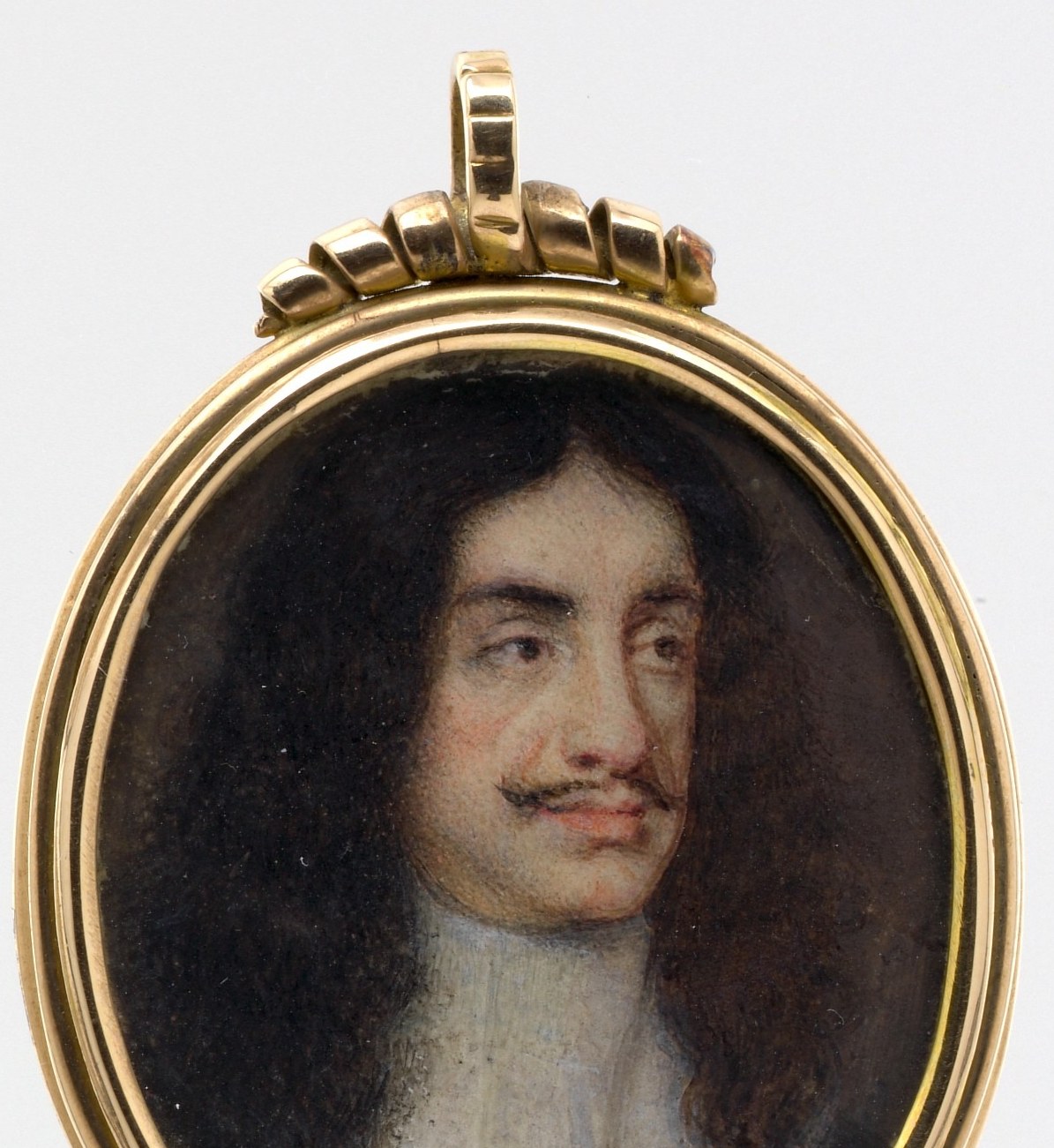 His long hair and thin mustache mark the Restoration moment.