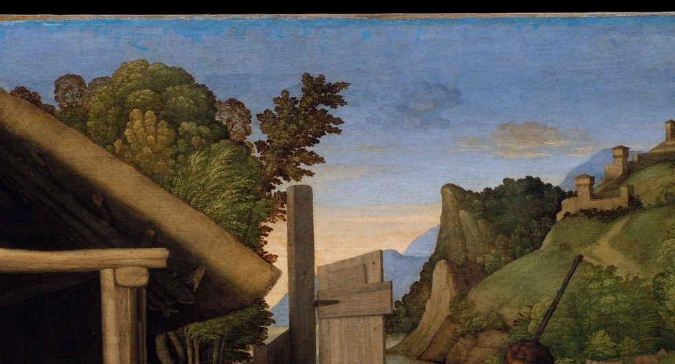 Catena's Venetian landscape tradition is evident here , soft atmospheric recession with warm light on the hilltops giving the sacred scene a plausibly real Veneto setting